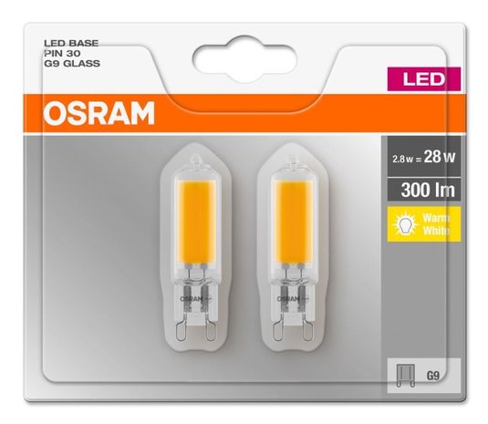 OSRAM LED BASE PIN 30 G9 GLASS DUBBEL PACK 2,8W=28W 300LM 2700K 